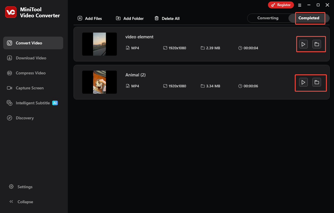 MiniTool Video Converter’s Convert Video interface with the Play and Folder icons chosen under the Completed section.
