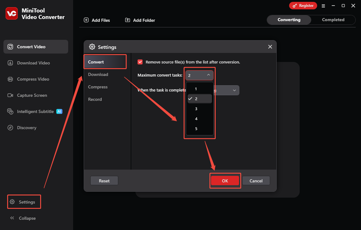 MiniTool Video Converter Settings window that shows how to customize the maximum conversion tasks under the Convert tab.
