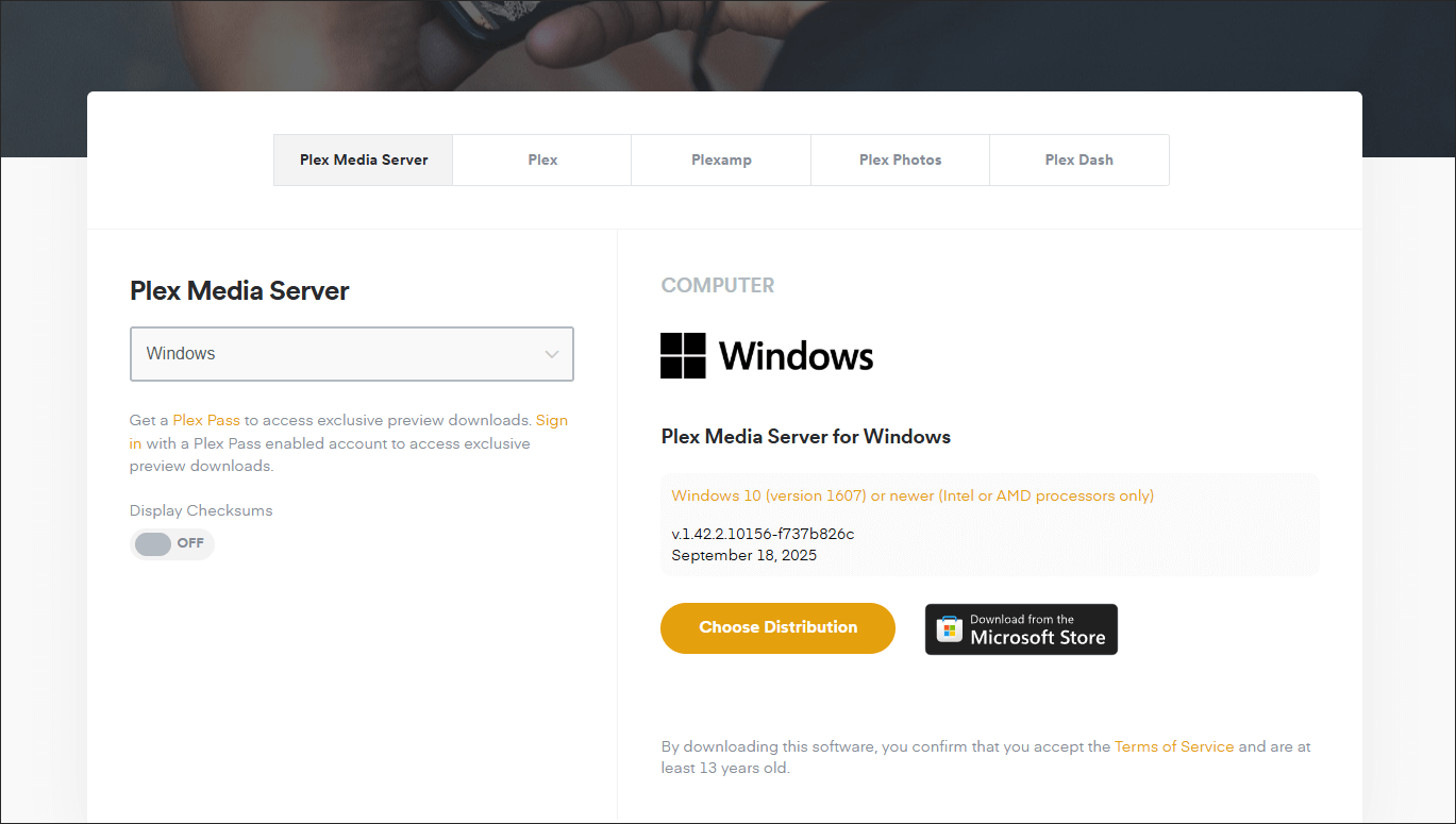 The download page of Plex Media Server