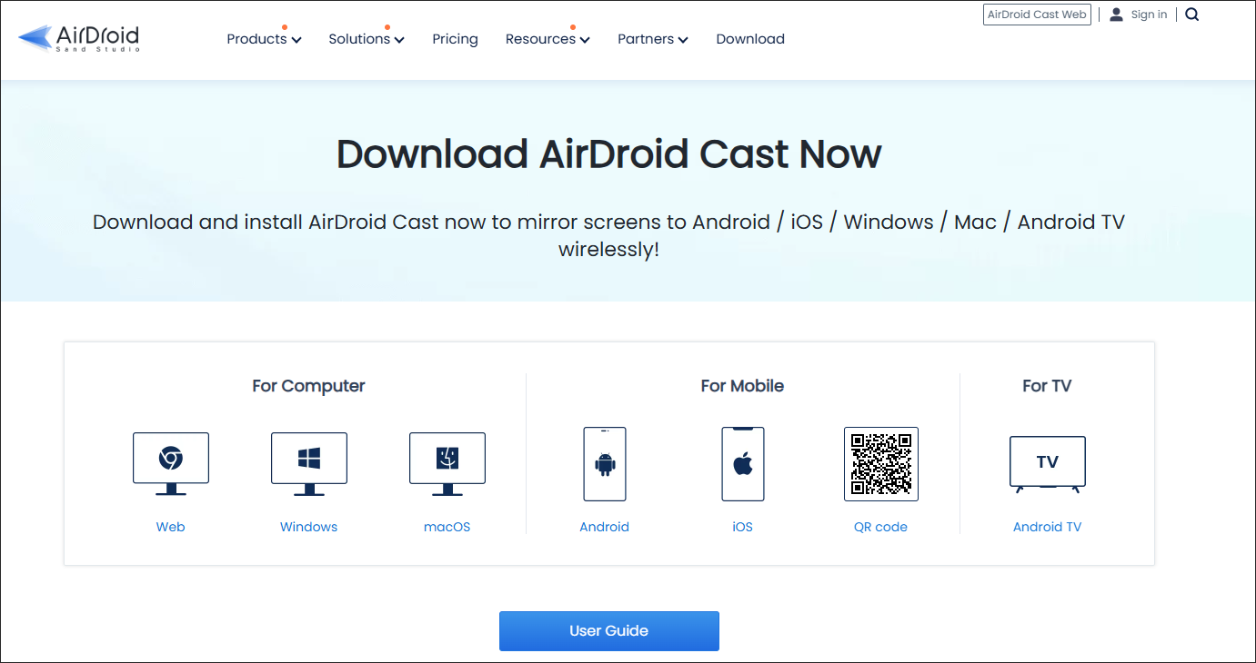 The download page of AirDroid Cast
