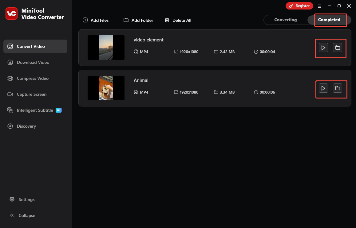 MiniTool Video Converter’s Convert Video interface with the Play icon and Folder icons selected under the Completed section.