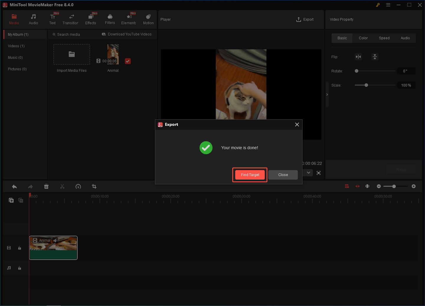 MiniTool MovieMaker Export window with the Find Target option chosen to locate the output video.