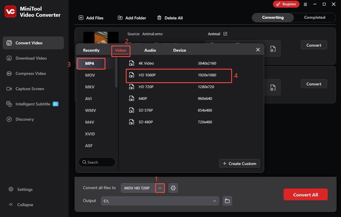 MiniTool Video Converter interface that shows how to set MP4 HD 1080P as the output format.