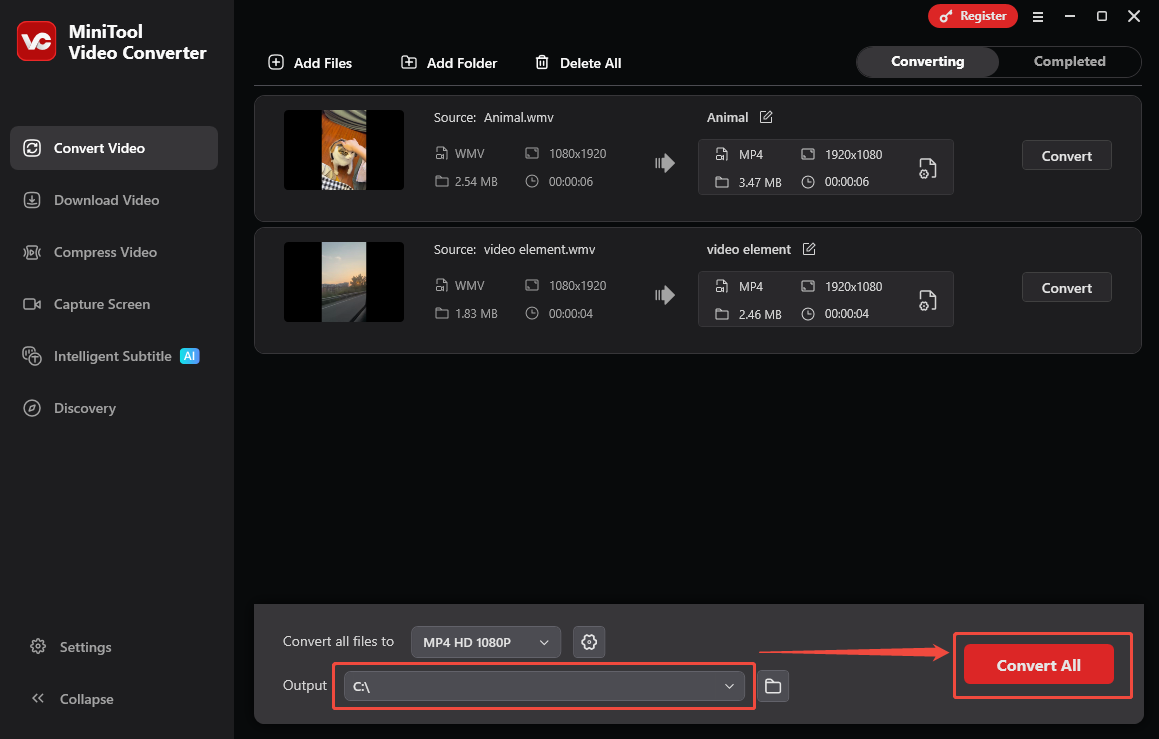 MiniTool Video Converter interface with the bottom-right Convert All button selected.
