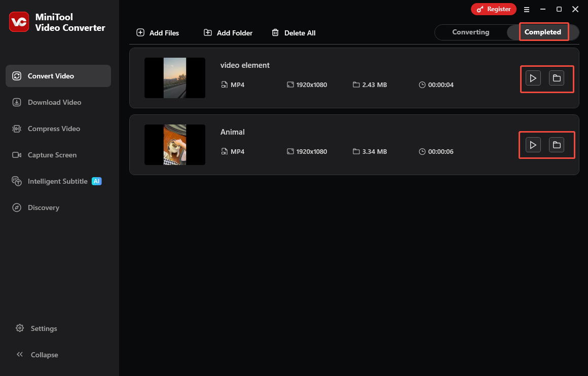 MiniTool Video Converter interface with the Play icon or Folder icon selected under the Completed tab.