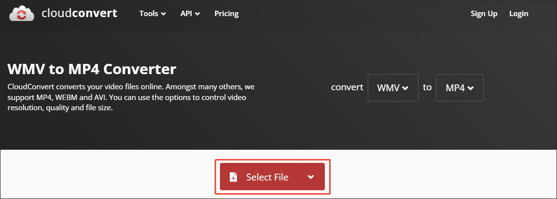 CloudConvert interface with Select File button selected.