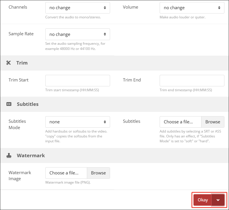The Options window of CloudConvert.