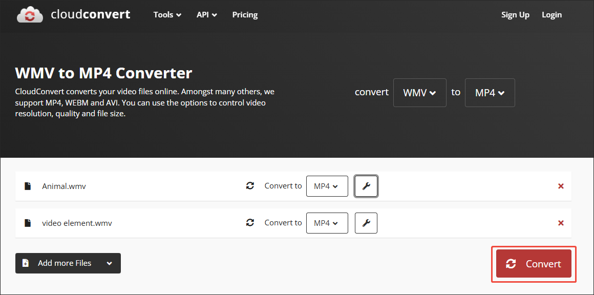 CloudConvert interface with the Convert button selected.