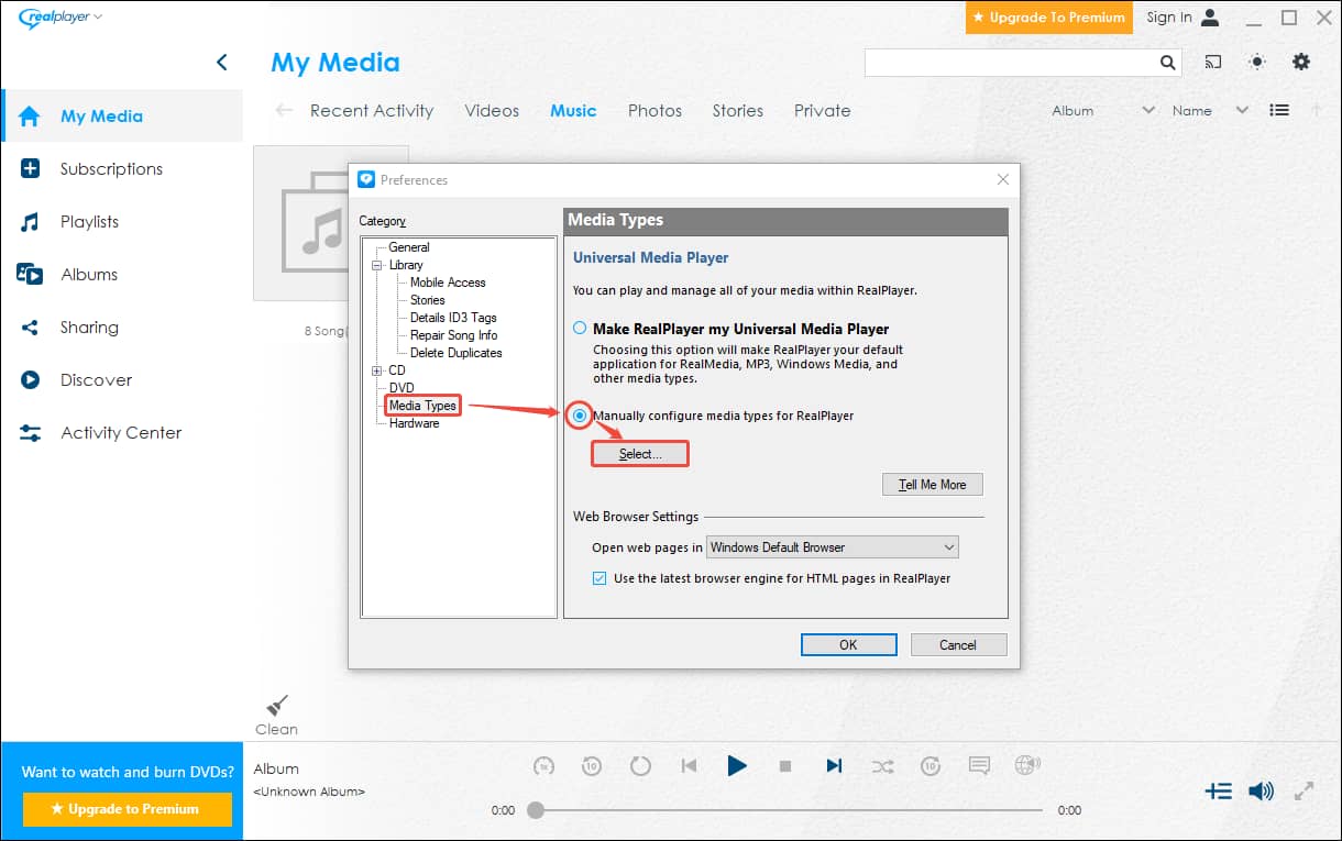 Preferences window of RealPlayer showing how to check media types the player supports.