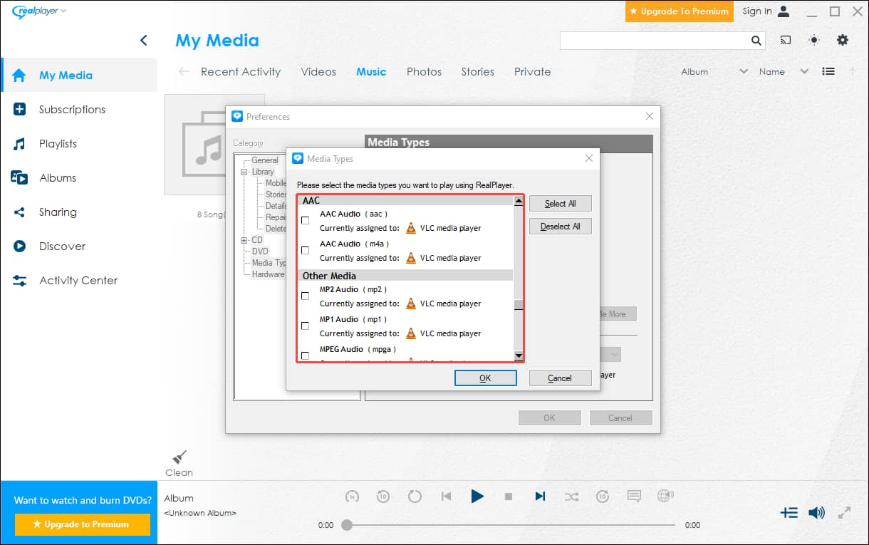 Media Types window of RealPlayer.