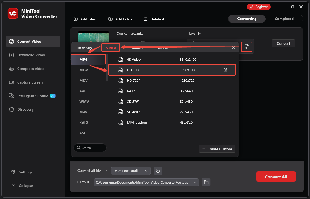 MiniTool Video Converter interface showing how to choose the output format.