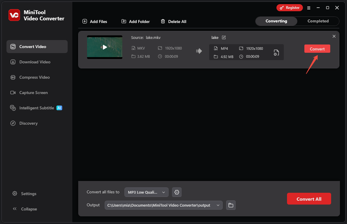 MiniTool Video Converter interface with the Convert button highlighted.