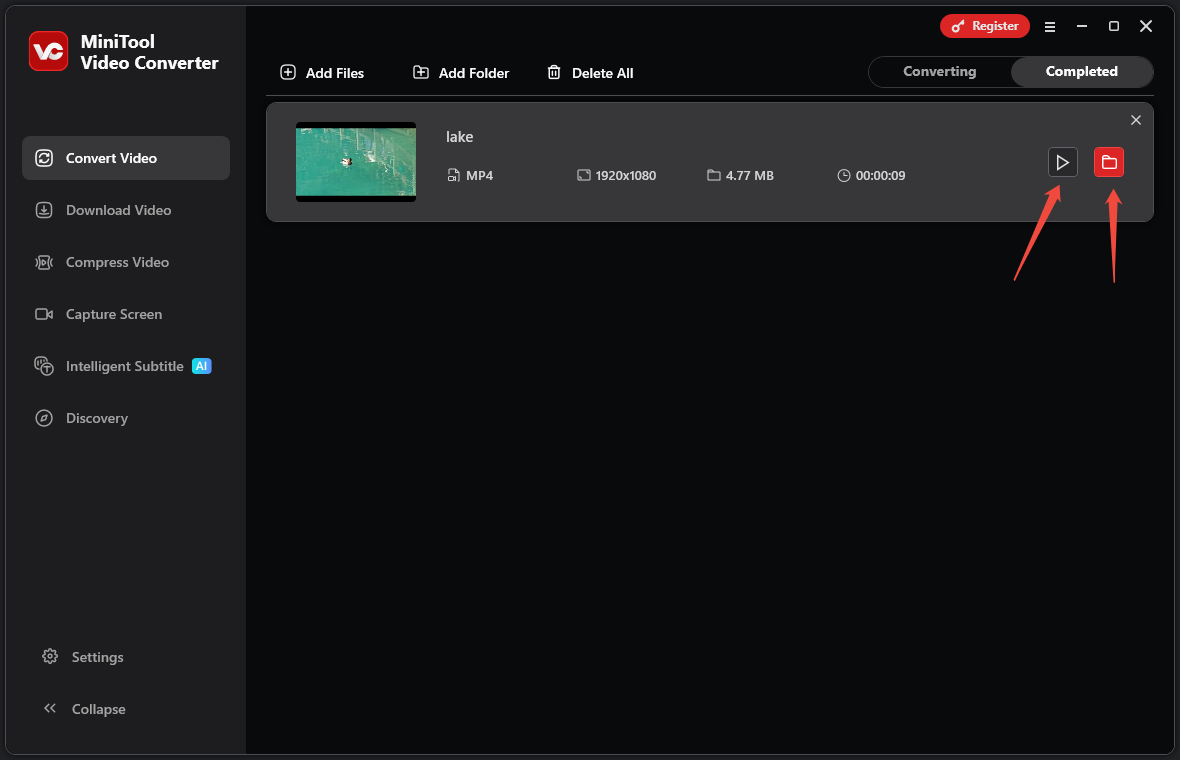 MiniTool Video Converter interface with the folder icon highlighted in the Completed tab under the Convert Video tab.