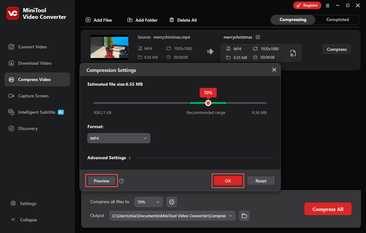 MiniTool Video Converter’s Compression Settings window with the Preview button and the OK button highlighted.
