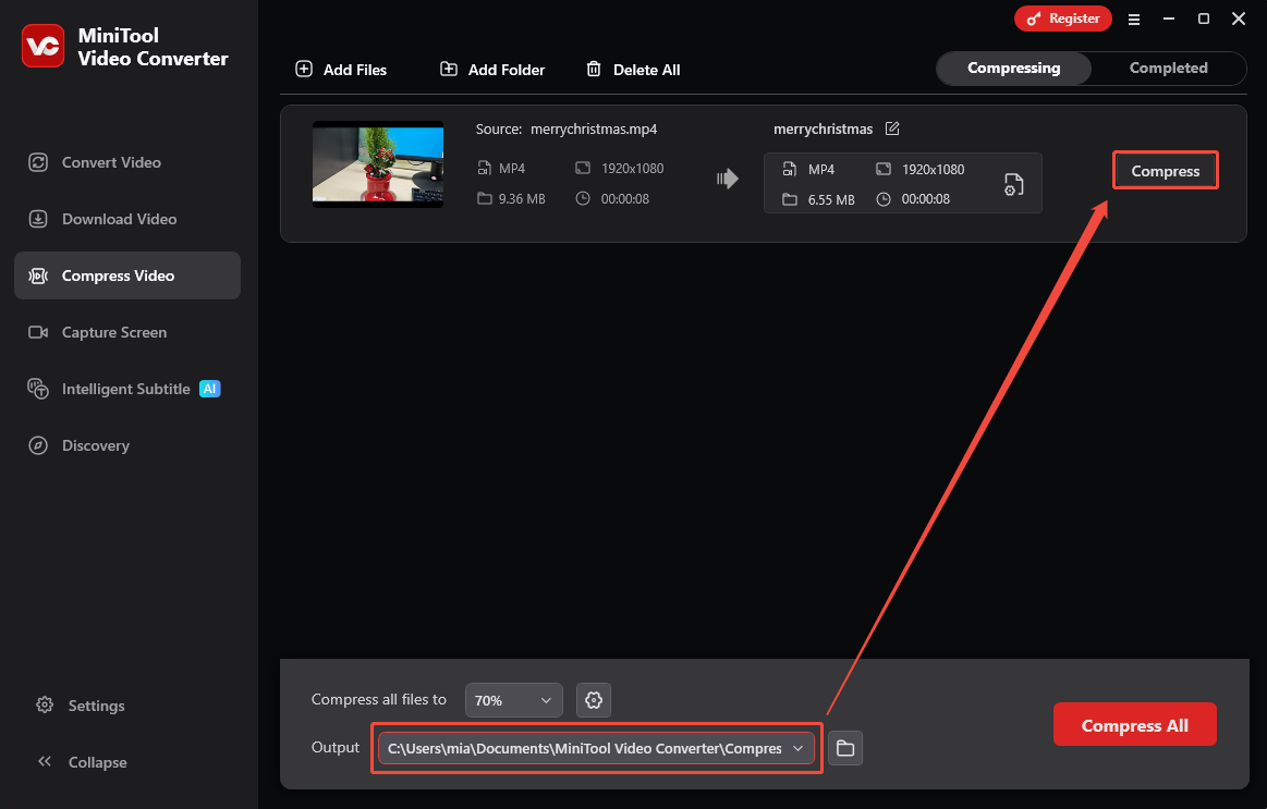 MiniTool Video Converter’s Compress Video interface showing how to set the output folder and start compression.