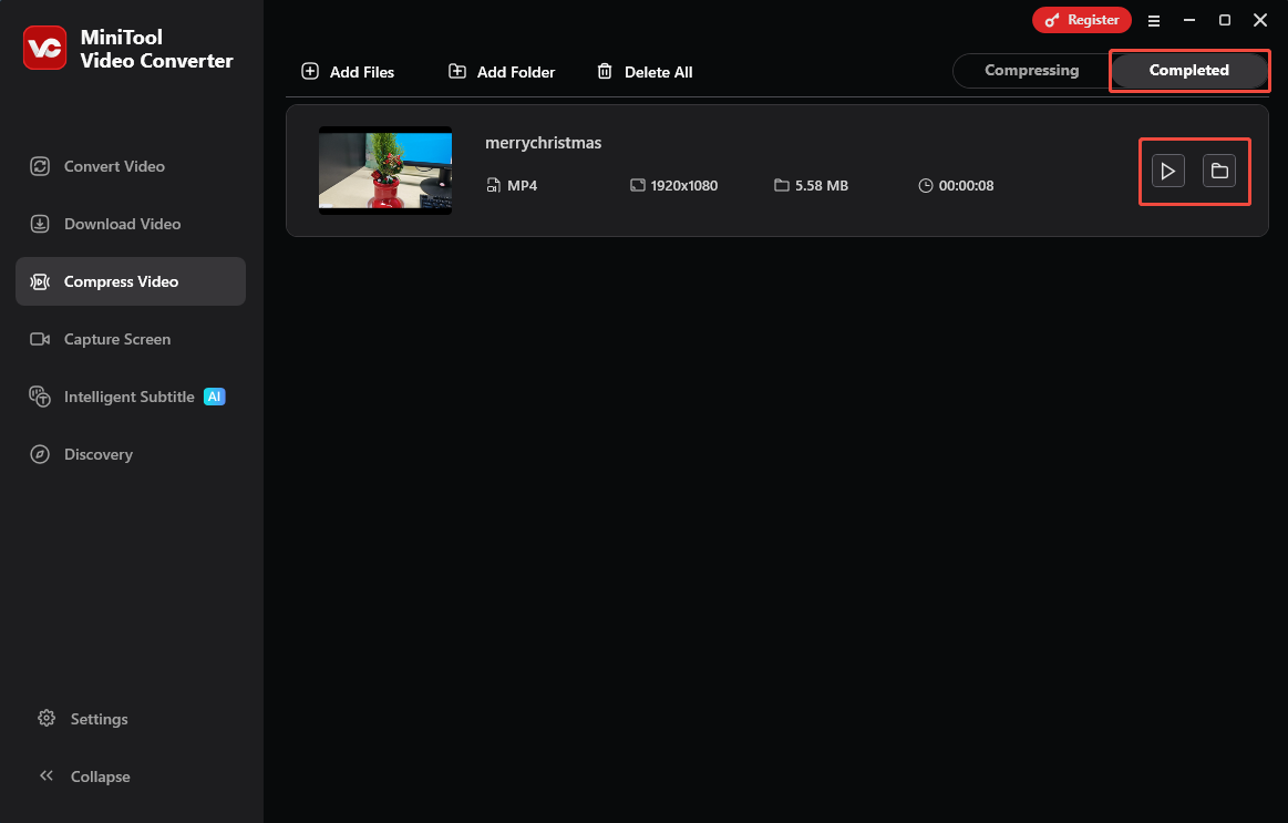 MiniTool Video Converter’s Compress Video interface showing a completed video compression task under the Completed tab.