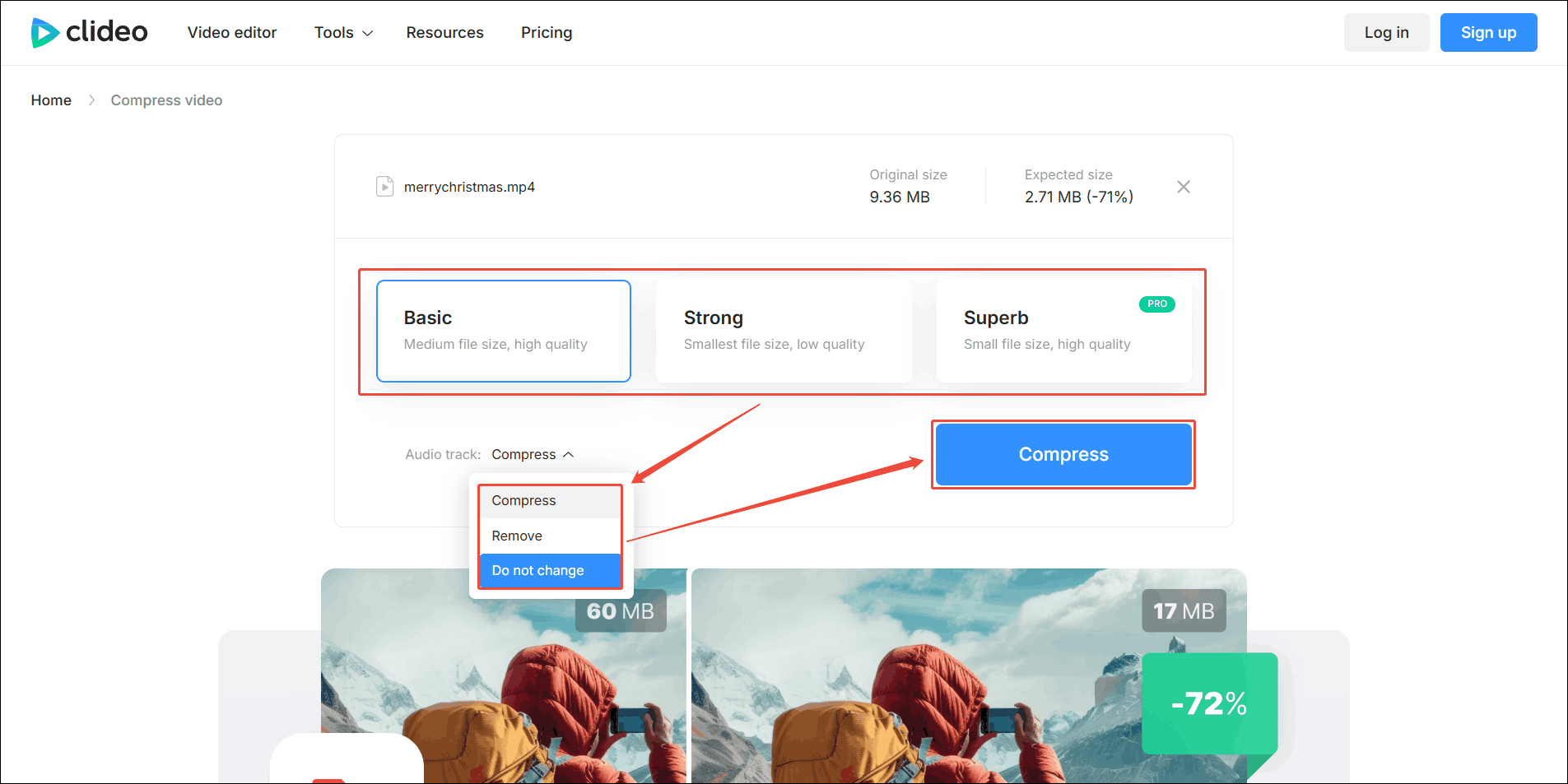 Clideo video compression interface showing how to choose the compression level and whether to compress audio.