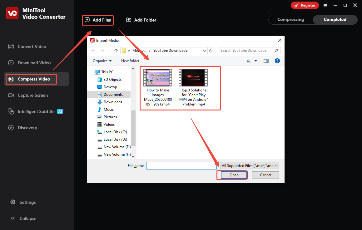 Switch to Compress Video, click on Add Files to choose videos, and click on Open to import them to MiniTool Video Converter