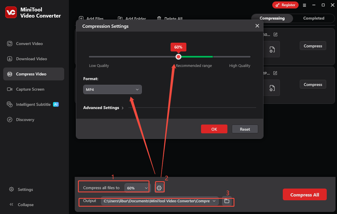 Expand Compress all files to to choose a compression percentage, or click on settings to customize other compression settings, and click on Output to set the save position in MiniTool Video Converter