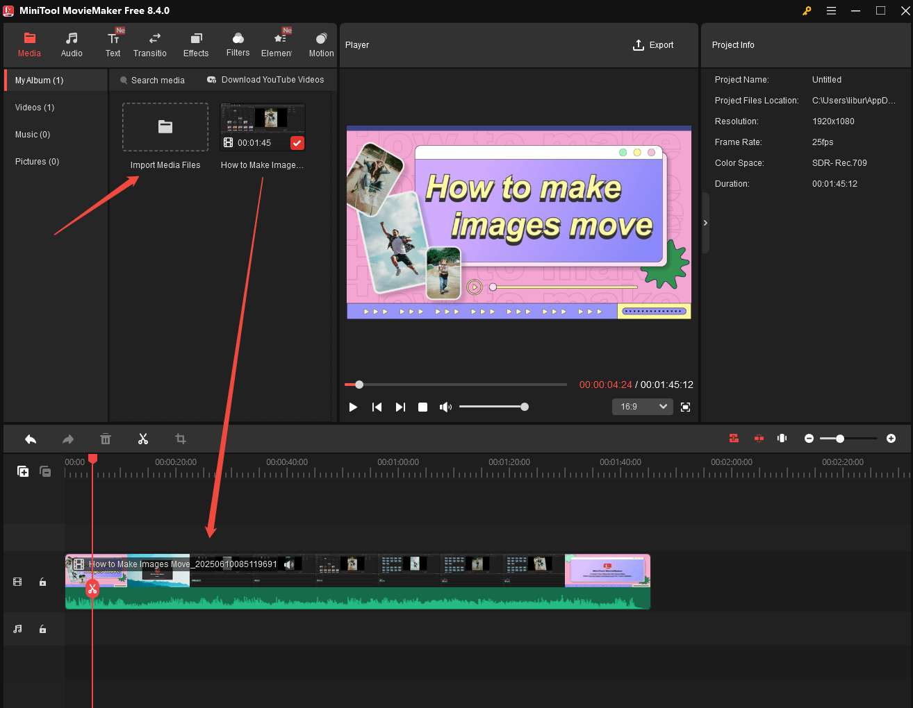 Click on Import Media Files to import the video and add the imported video to the timeline in MiniTool MovieMaker