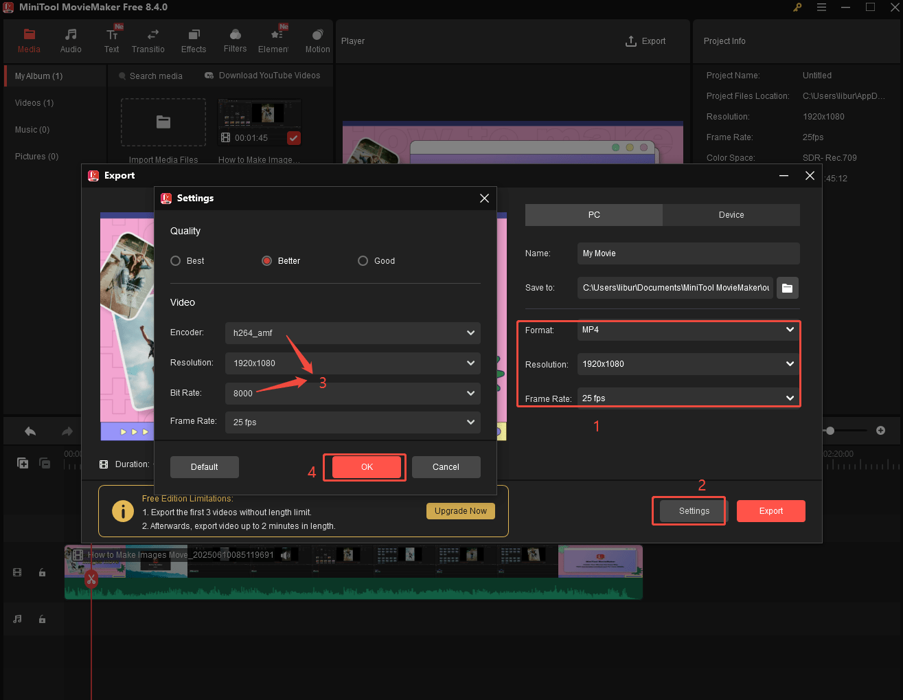 Choose MP4 format, select a low resolution and frame rate, or click on Settings to customize more compression settings, then click on OK to save the video output settings in MiniTool MovieMaker