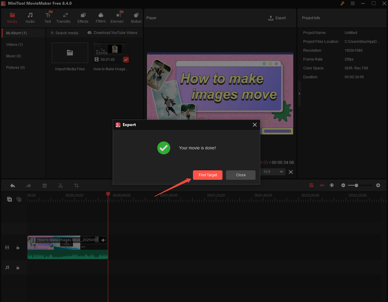 Click on Find Target to locate the compressed video in MiniTool Video Converter