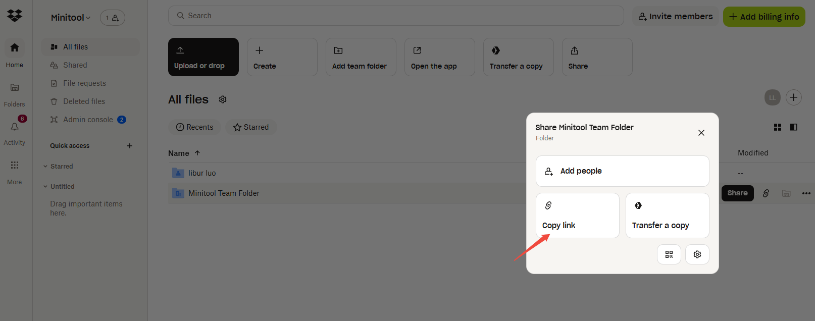 Click on Share > Copy link to get the shareable video link in Dropbox