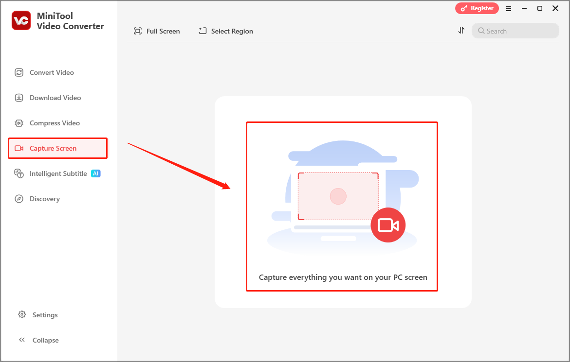 Markierung des mittleren Bereichs auf der Seite Bildschirm aufnehmen in MiniTool Video Converter.