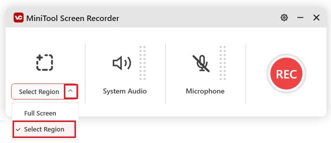 Markierung der Option Bereich auswählen in MiniTool Screen Recorder.