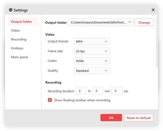 Ein Screenshot zu den Aufnahmeeinstellungen in MiniTool Screen Recorder.