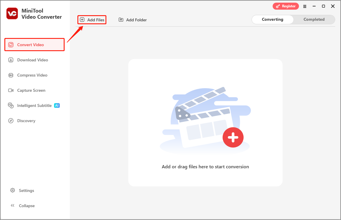 Markierung der Option Dateien hinzufügen in MiniTool Video Converter.