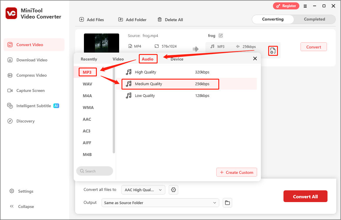 Ein Screenshot zur Auswahl des Ausgabeformats sowie der Qualität im Ausgabeformatfenster.