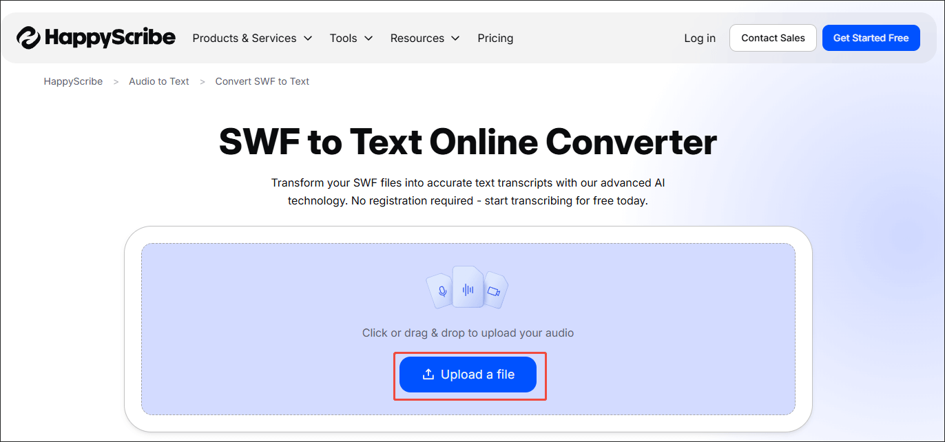 HappyScribe interface with the Upload a file option selected