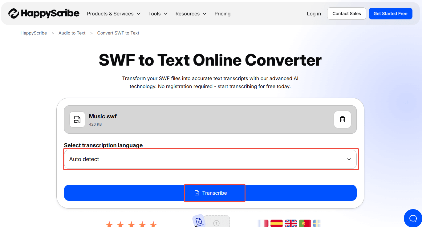 HappyScribe interface with the Select transcription language option enabled and the Transcribe button clicked