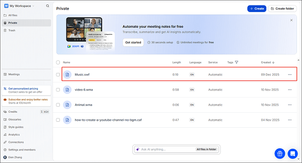 HappyScribe interface with the SWF file chosen