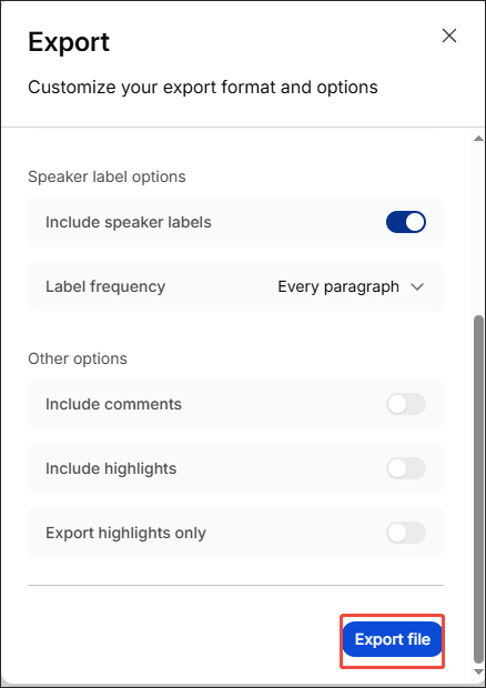 HappyScribe interface with the Export file option selected