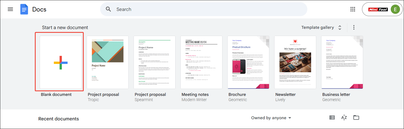 Google Docs interface with the Blank document option selected
