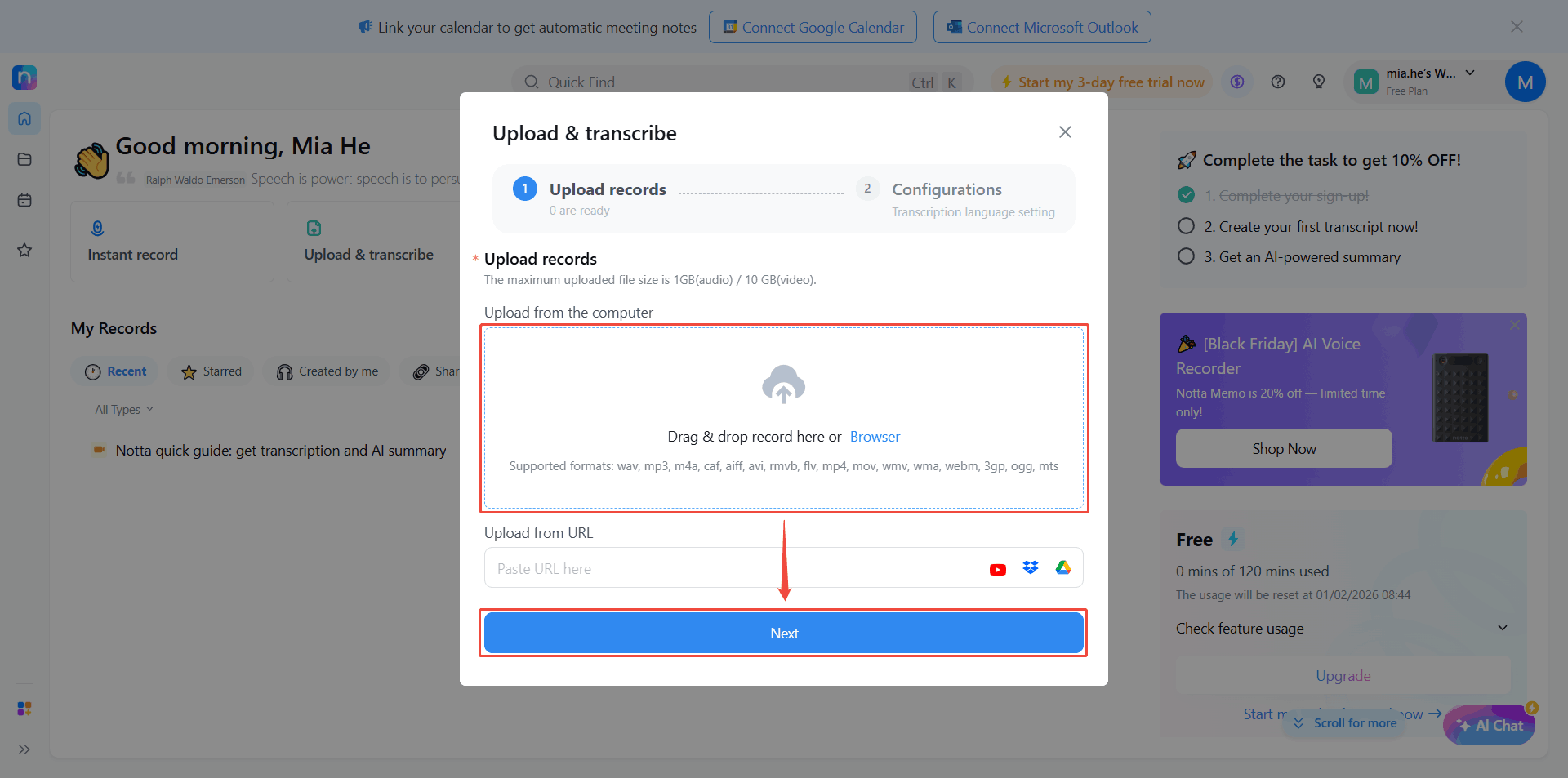 Notta’s Upload and transcribe window with the file upload area and the Next button highlighted.