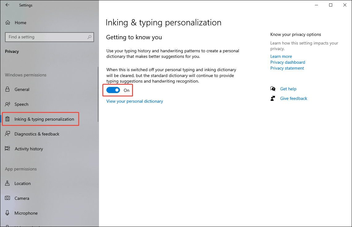 Windows Settings window with Inking and typing personalization toggle turned on.