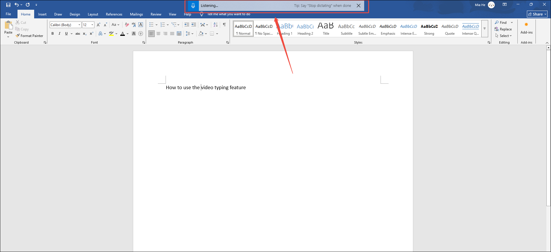 Word document interface with a voice input box displayed at the top of the screen.