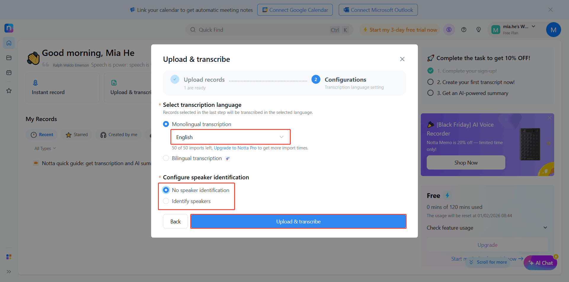 Notta’s Upload and transcribe window showing how to choose the transcription language and set up the speaker identification.