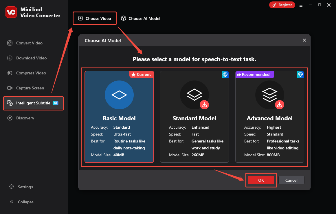 MiniTool Video Converter Intelligent Subtitle interface showing how to choose an AI model.