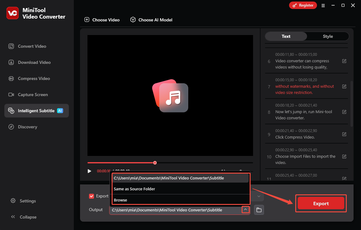 MiniTool Video Converter Intelligent Subtitle interface with the Output folder expanded and the Export button highlighted.