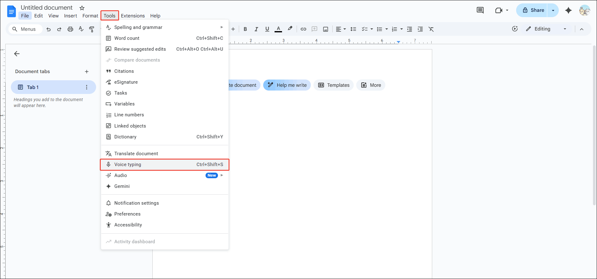 Google Docs interface with the Voice typing option selected in the Tools drop-down menu.