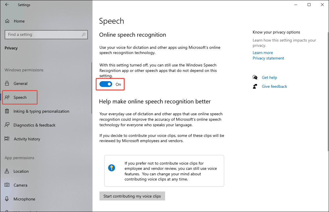 Windows Settings window with the Online speech recognition toggle turned on under the Speech tab.