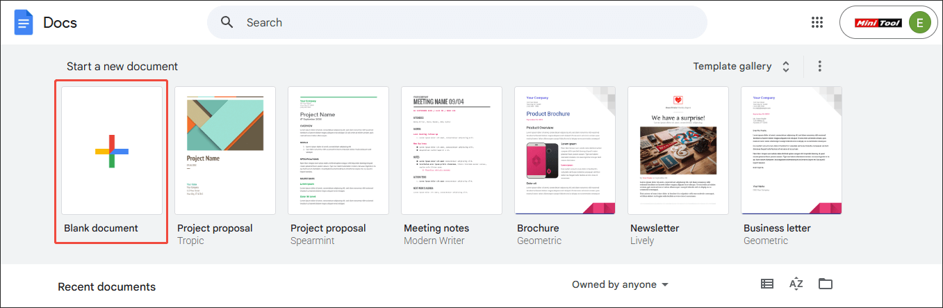 Google Docs interface with the Blank document option selected.