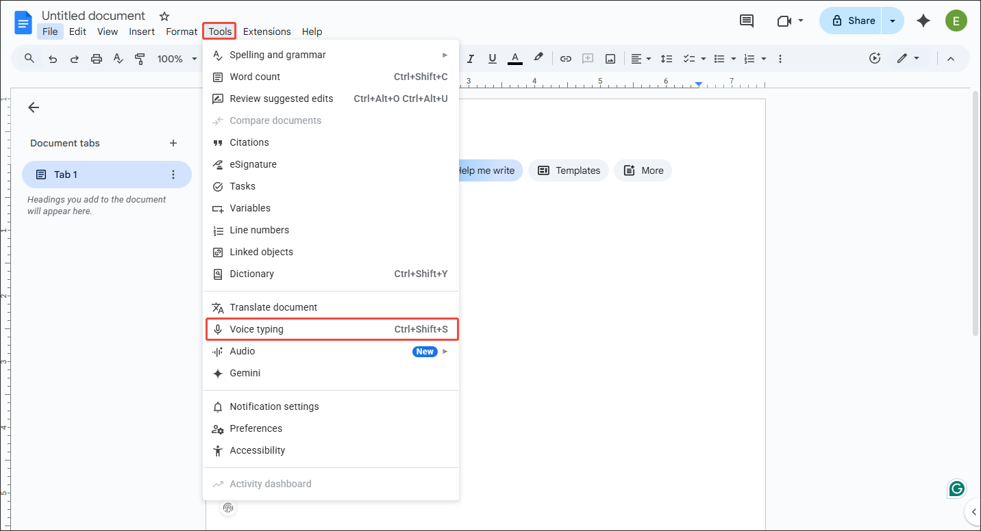 Google Docs interface with the Tools option expanded and the Voice typing option chosen
