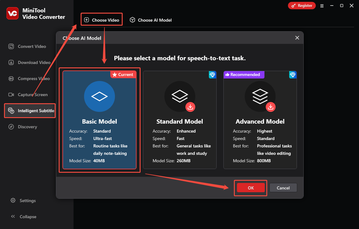MiniTool Video Converter interface that shows how to download the AI model.