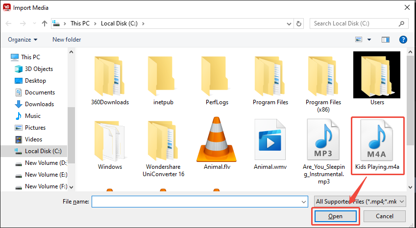 The MiniTool Video Converter Import Media window that shows how to import the website audio file