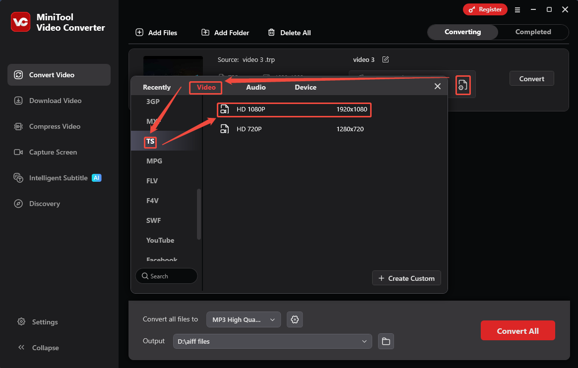 MiniTool Video Converter interface showing how to set up video output format.